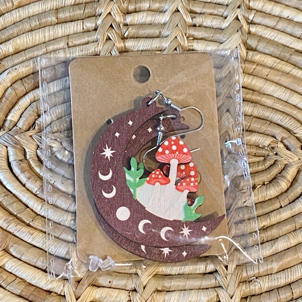 Funky Wood Mushroom and Moon Earrings - Picture 4 of 4